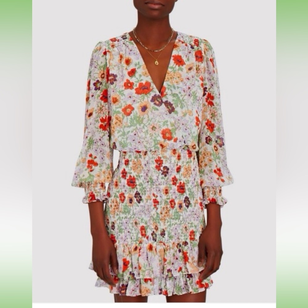 Veronica Beard Saera Smocked Multi Floral Print Chiffon Mini Ruffle Dress